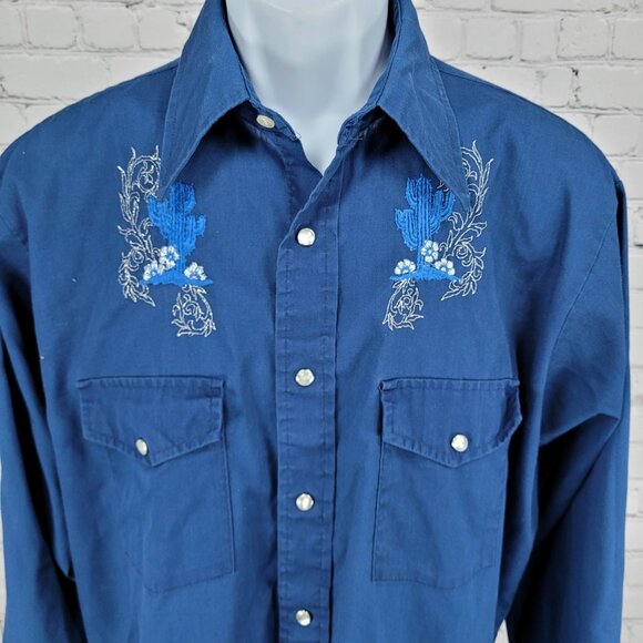 VTG Bronco Navy Embroidered Western Pearl Snap Long Sleeve Shirt USA Made Large - Picture 4 of 11